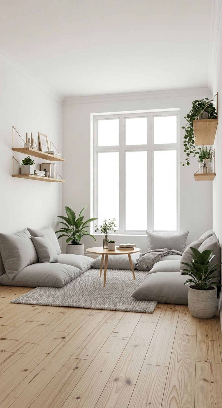 24 Genius Small Living Room Without Sofa Ideas (Minimal & Modern) 12 11. Scandinavian Floor Living