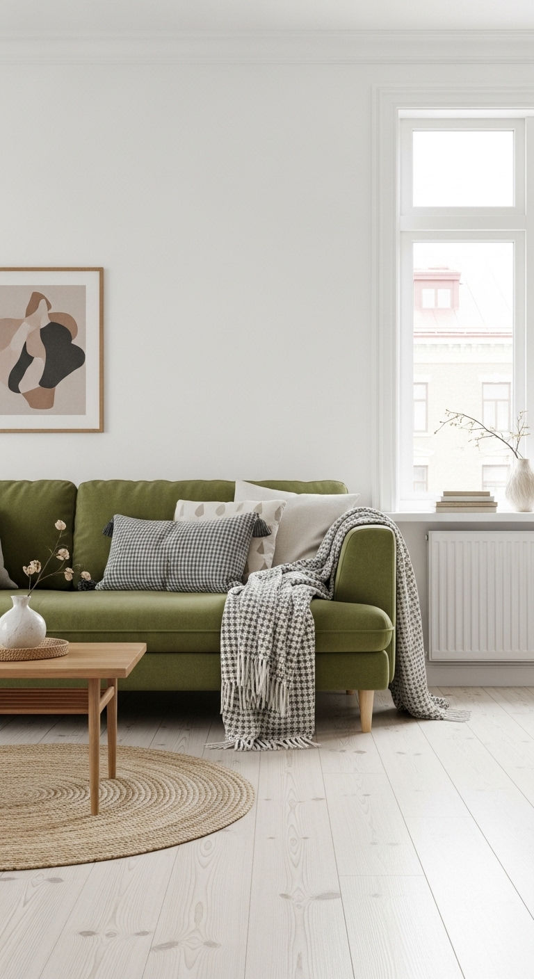 24 Moss Green Sofa Living Room Ideas for a Natural Feel 17 16. Scandinavian Green Glow