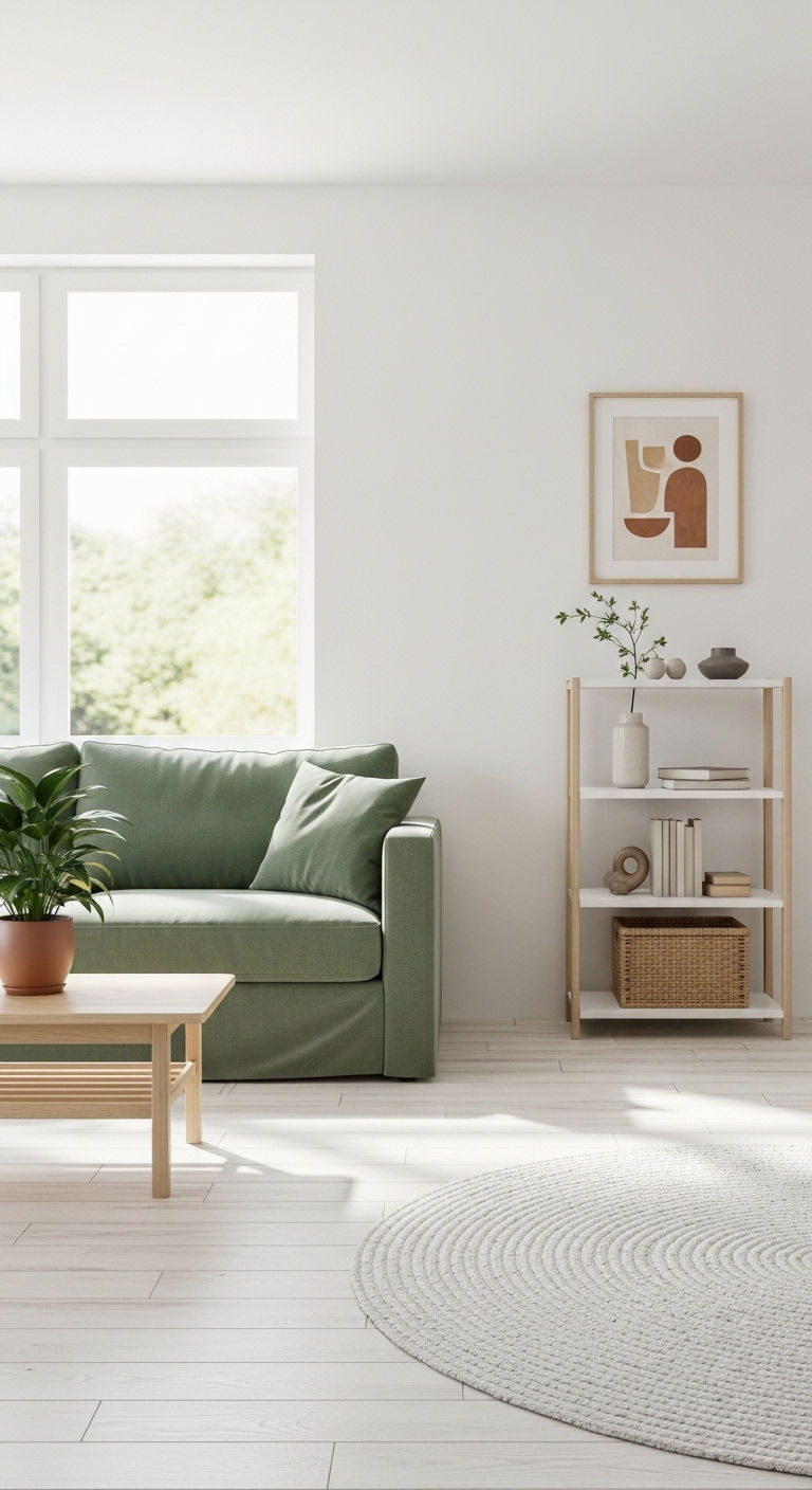 23 Green Living Room Sofa Ideas for a Fresh, Nature-Inspired Look 18 18. Scandinavian Green Simplicity