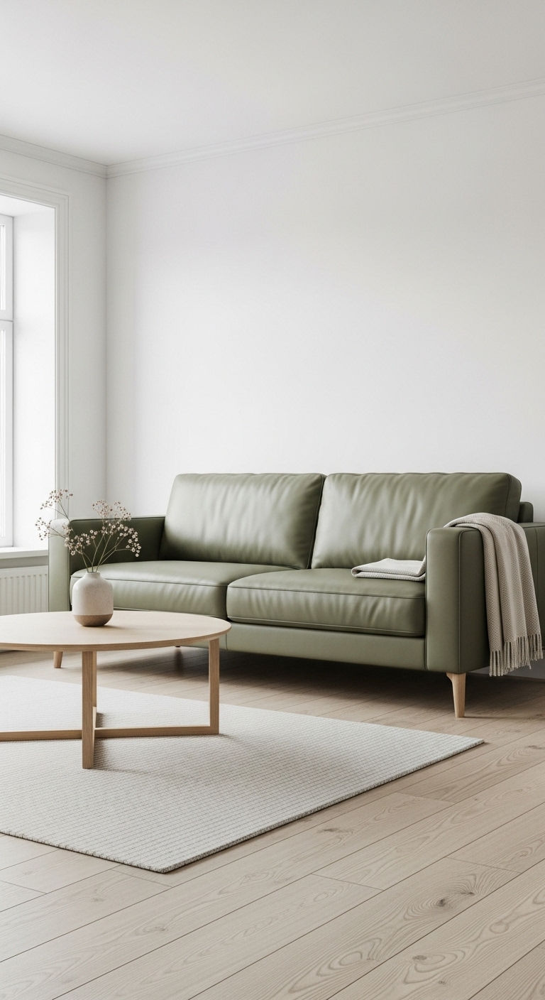 24 Green Leather Sofa Living Room Ideas for a Unique Pop of Color 18 18. Scandinavian Green Touch