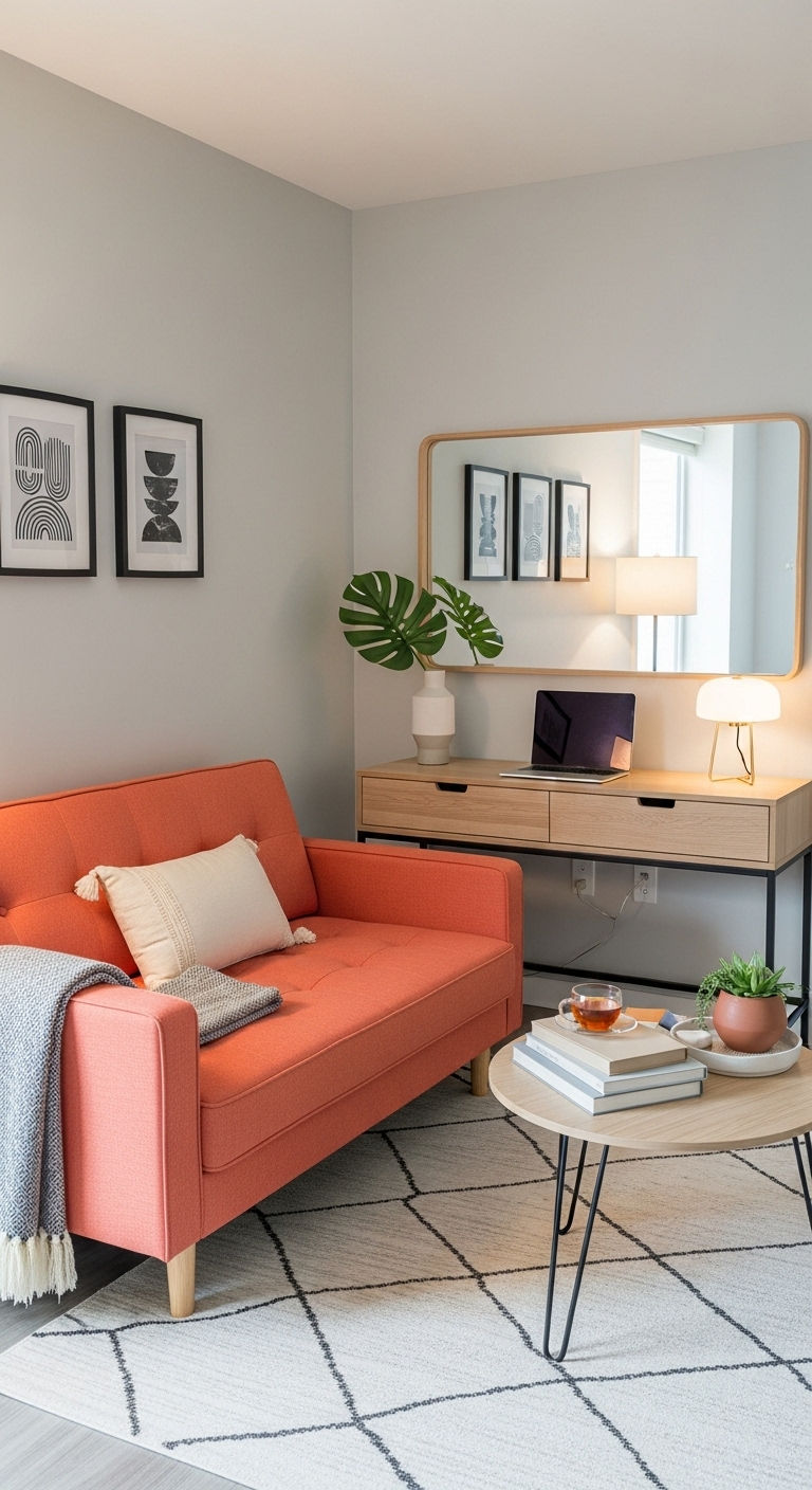 23 Coral Sofa Living Room Ideas That Feel Fresh & Vibrant 11 11. Small Space Coral Magic