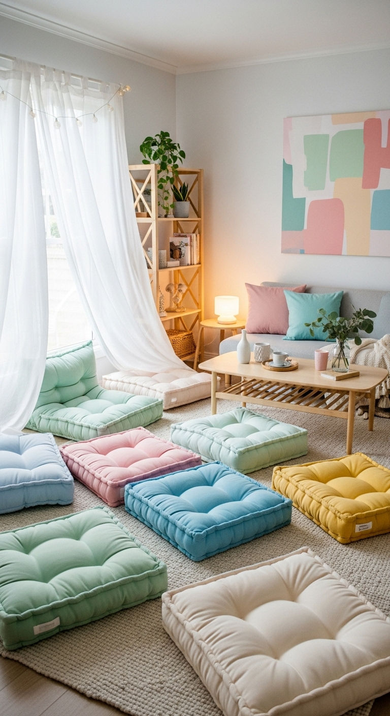 24 Genius Small Living Room Without Sofa Ideas (Minimal & Modern) 23 22. Soft Pastel Lounge