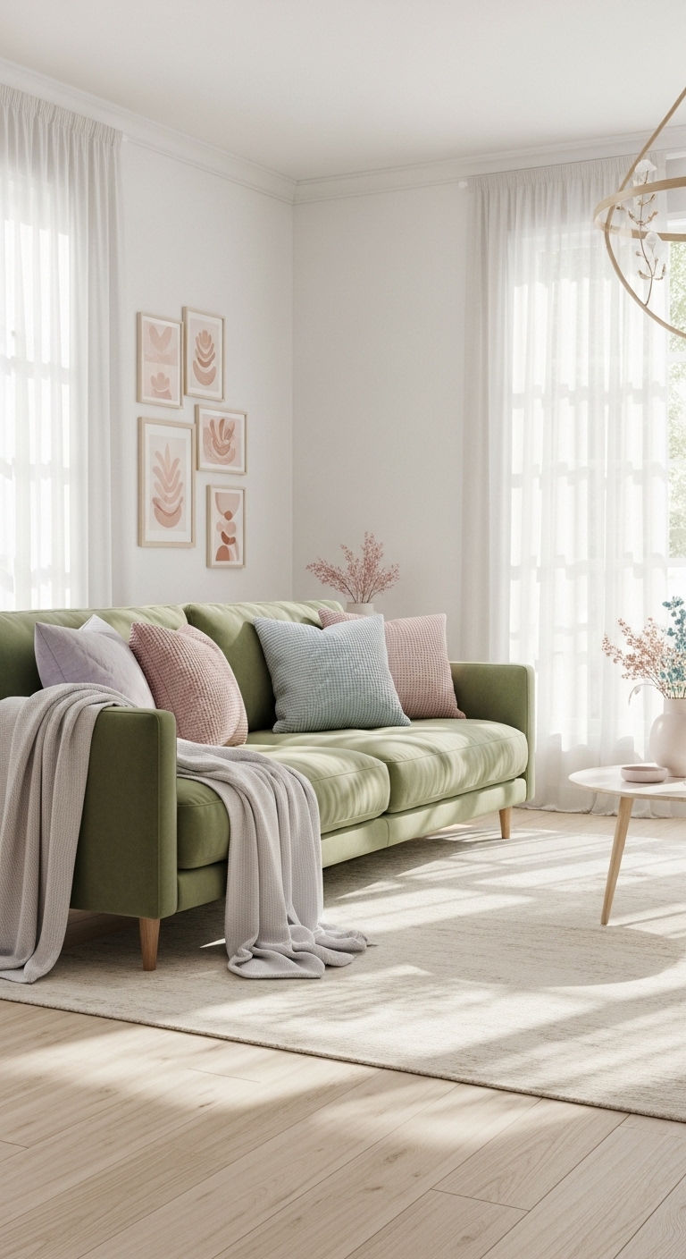 23 Green Living Room Sofa Ideas for a Fresh, Nature-Inspired Look 11 10. Soft Pistachio Dream
