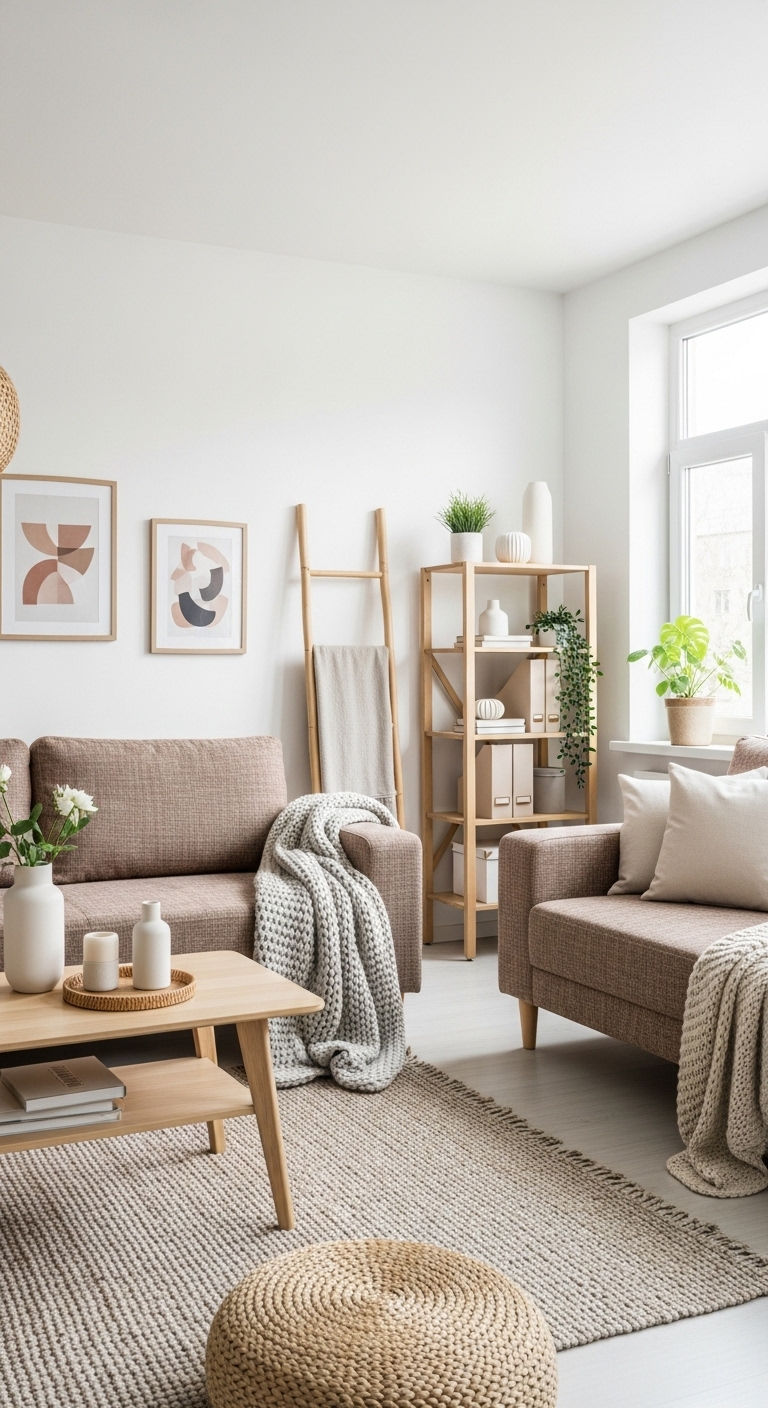19 Brown Sofa Living Room Ideas for a Warm and Classic Feel 17 17. Soft Scandinavian Warmth