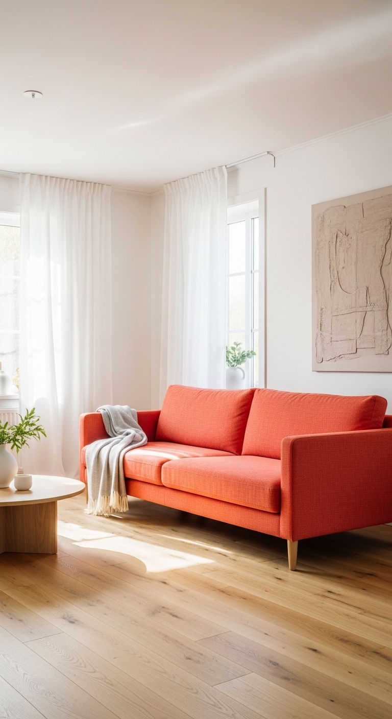 23 Coral Sofa Living Room Ideas That Feel Fresh & Vibrant 2 1. Sunlit Coral Minimalism