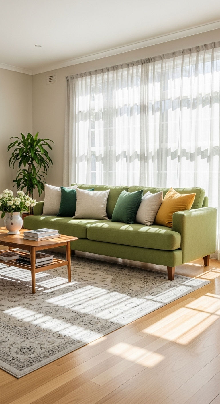 23 Green Living Room Sofa Ideas for a Fresh, Nature-Inspired Look 23 23. Sunlit Green Sanctuary