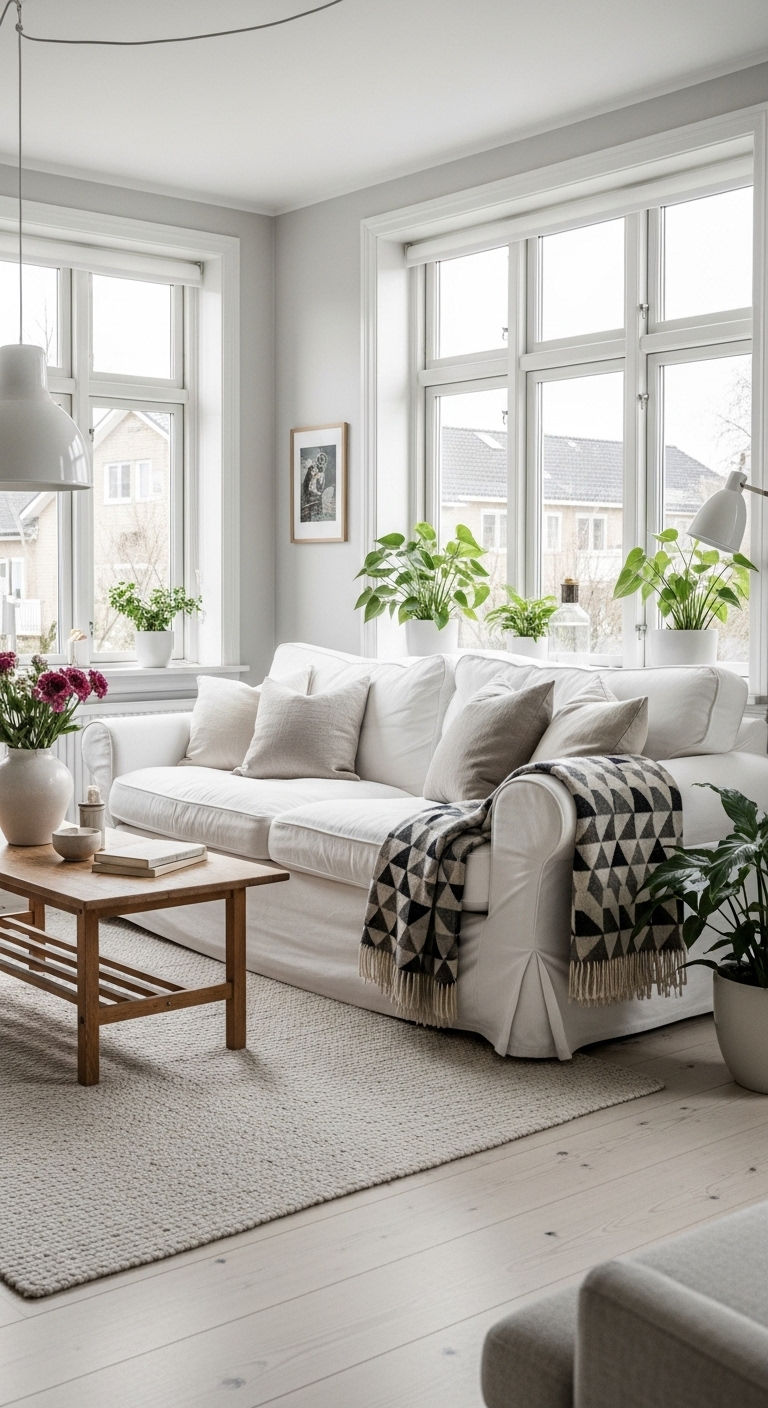 23 White Slipcovered Sofa Living Room Ideas for a Fresh Look 9 8. Sunlit Scandinavian Space