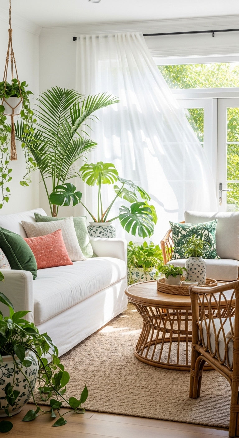 23 White Slipcovered Sofa Living Room Ideas for a Fresh Look 12 11. Tropical Breeze Interior