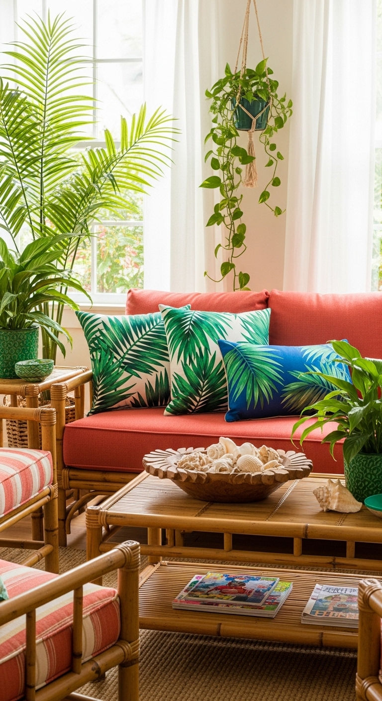 23 Coral Sofa Living Room Ideas That Feel Fresh & Vibrant 5 5. Tropical Coral Escape