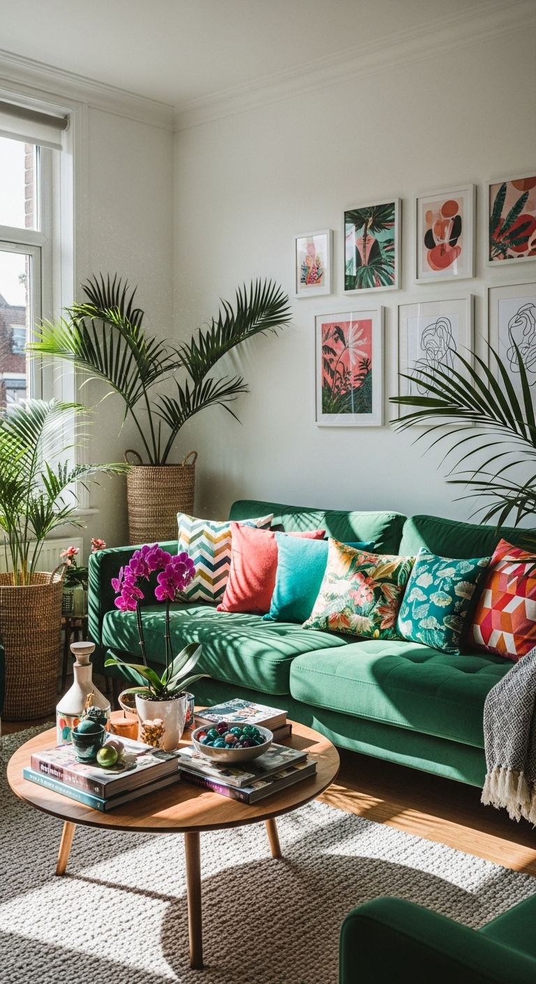 23 Green Living Room Sofa Ideas for a Fresh, Nature-Inspired Look 15 14. Tropical Green Escape
