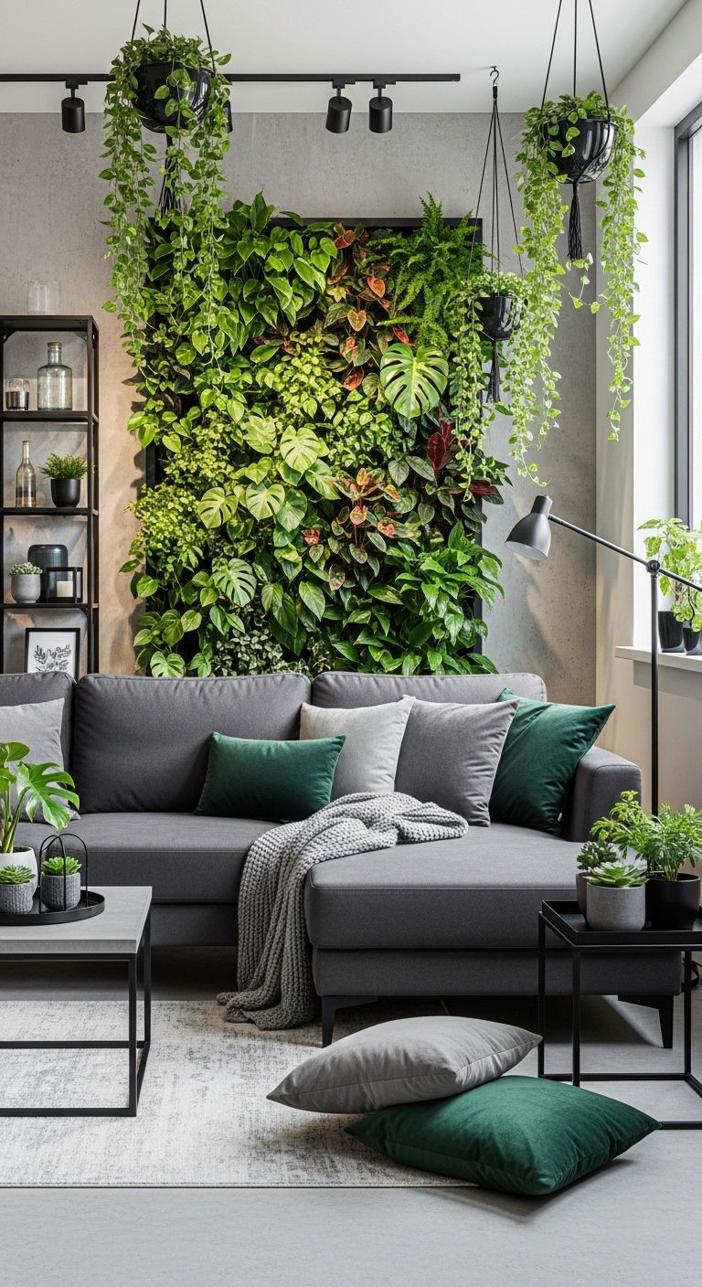21 Green Living Room Grey Sofa Ideas for a Modern Natural Look 5 4. Urban Jungle Chic