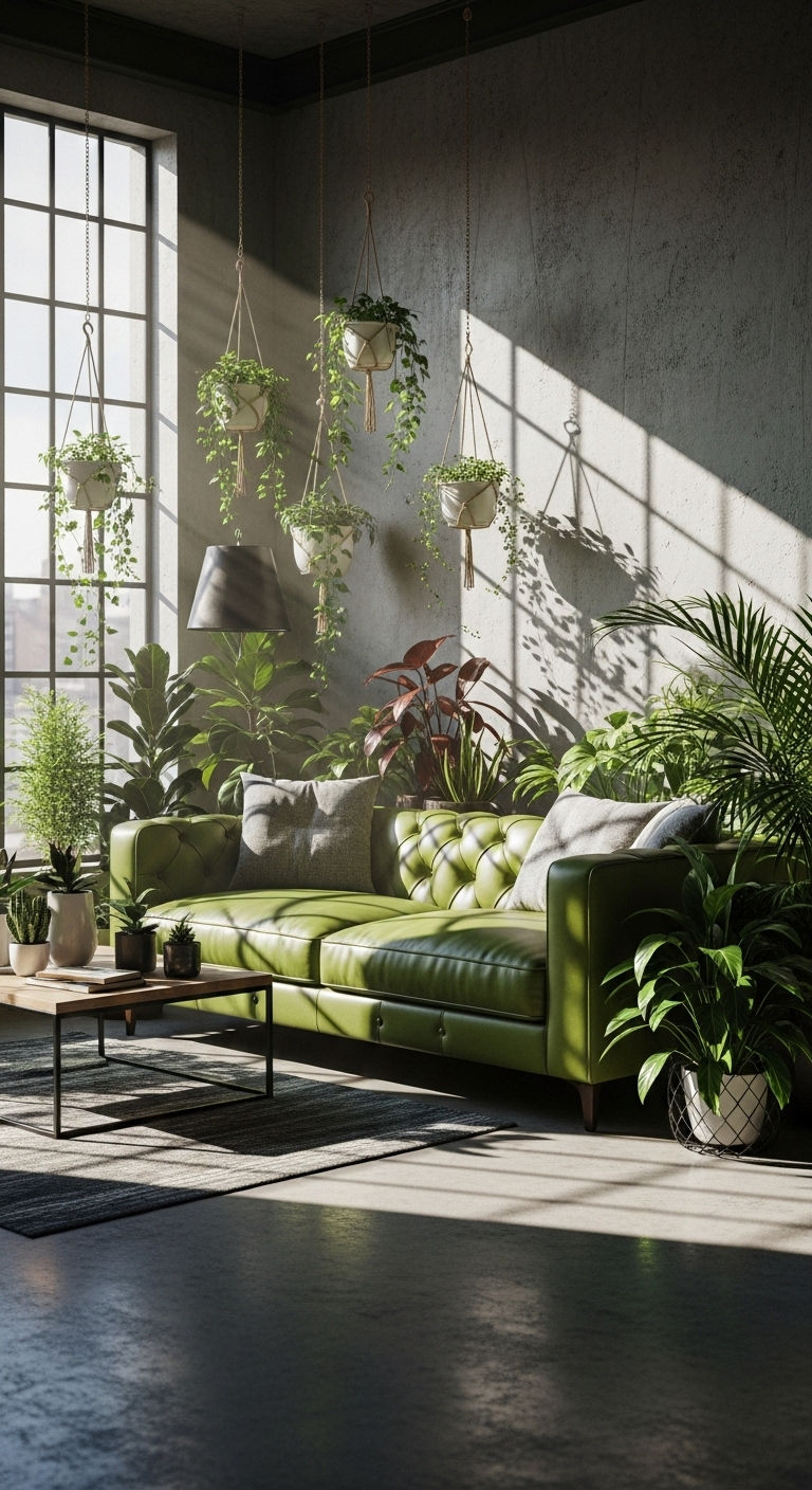 24 Green Leather Sofa Living Room Ideas for a Unique Pop of Color 7 6. Urban Jungle Sofa Corner