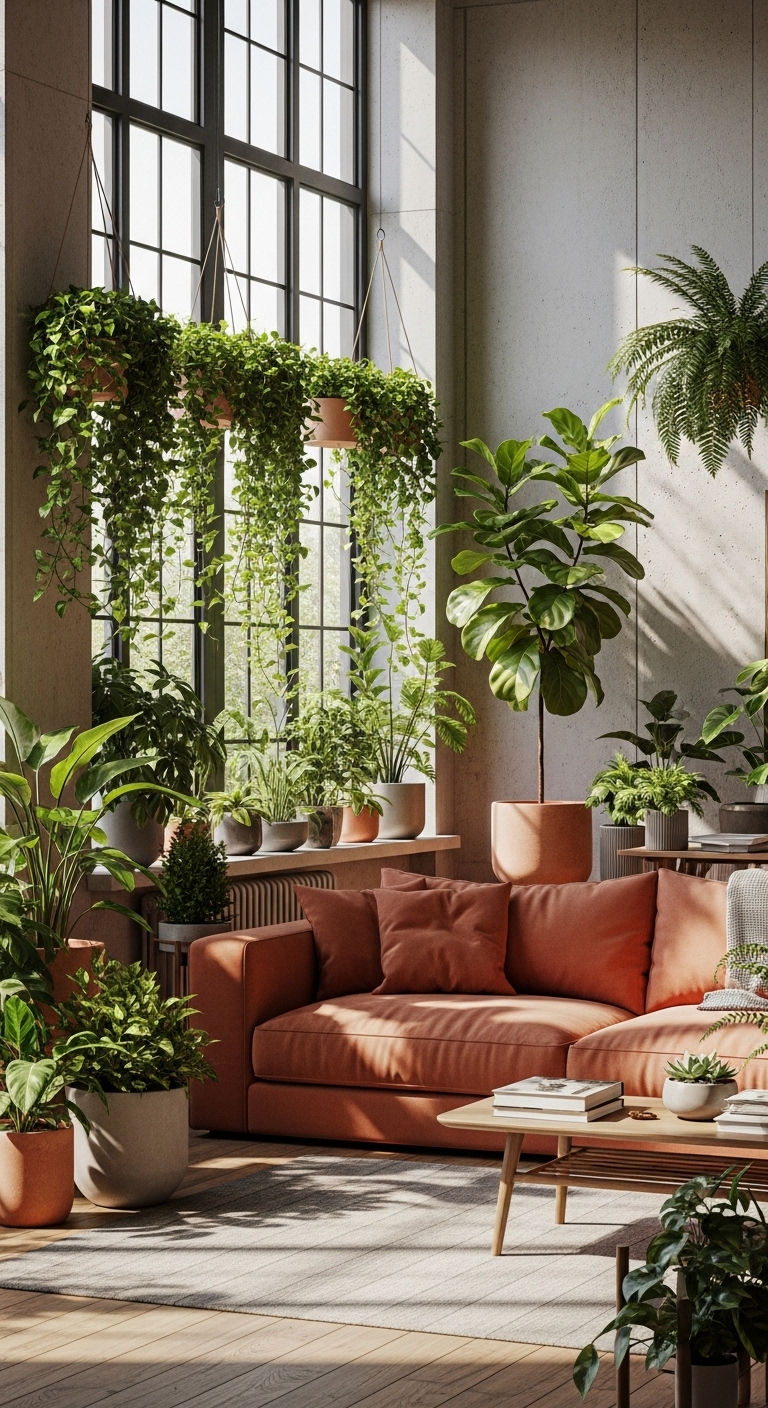 22 Terracotta Sofa Living Room Ideas for Warm Earthy Vibes 9 8. Urban Jungle Terracotta