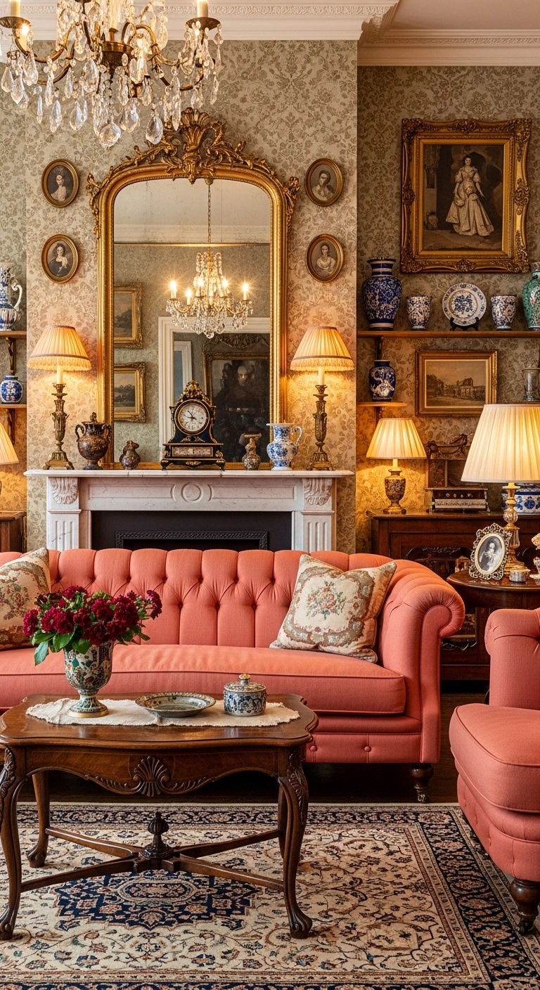 23 Coral Sofa Living Room Ideas That Feel Fresh & Vibrant 9 9. Vintage Coral Glam