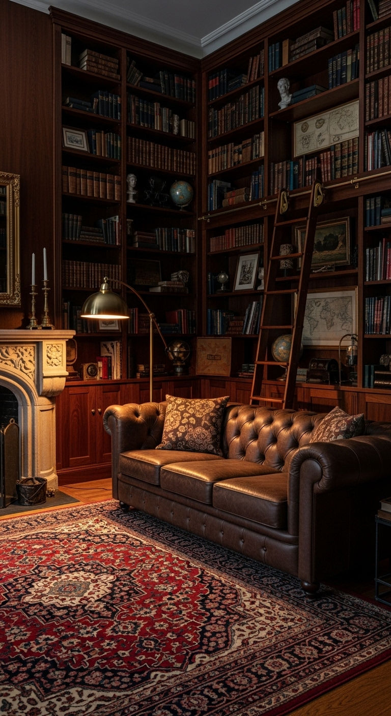 19 Brown Sofa Living Room Ideas for a Warm and Classic Feel 5 4. Vintage Library Lounge