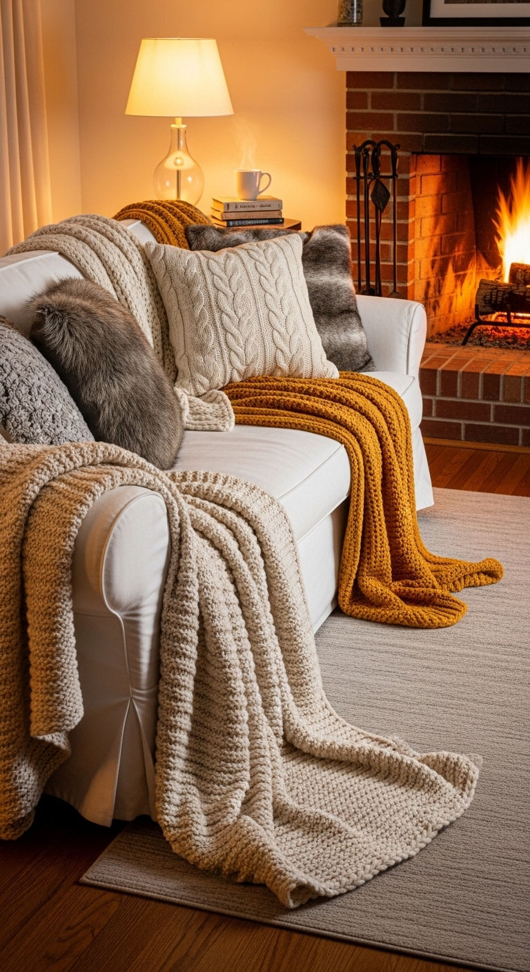 23 White Slipcovered Sofa Living Room Ideas for a Fresh Look 23 22. Warm Cozy Winter Living Room