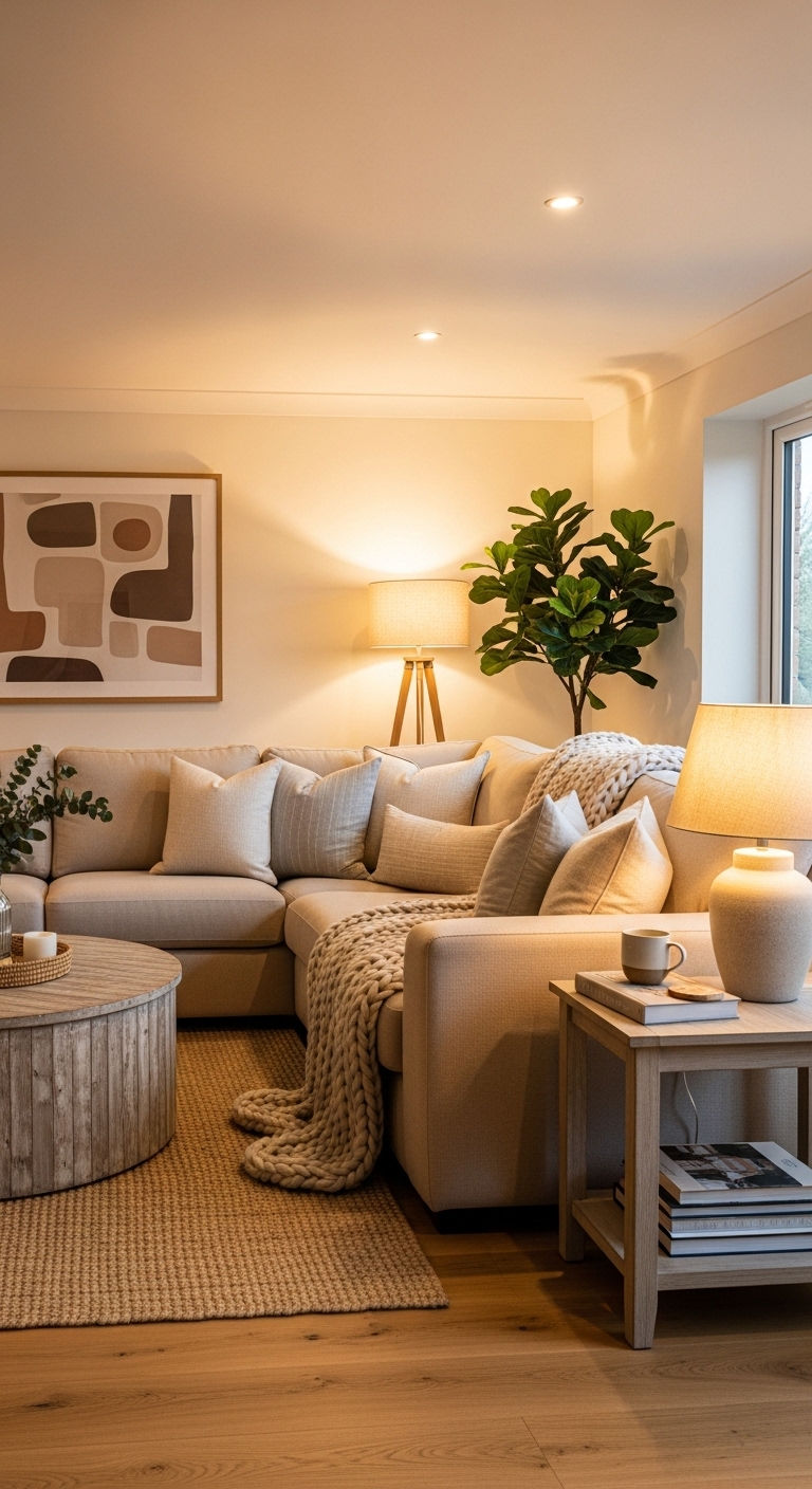 26 Living Room U Shape Sofa Ideas for Big Families & Open Layouts 15 15. Warm Neutral Comfort Zone