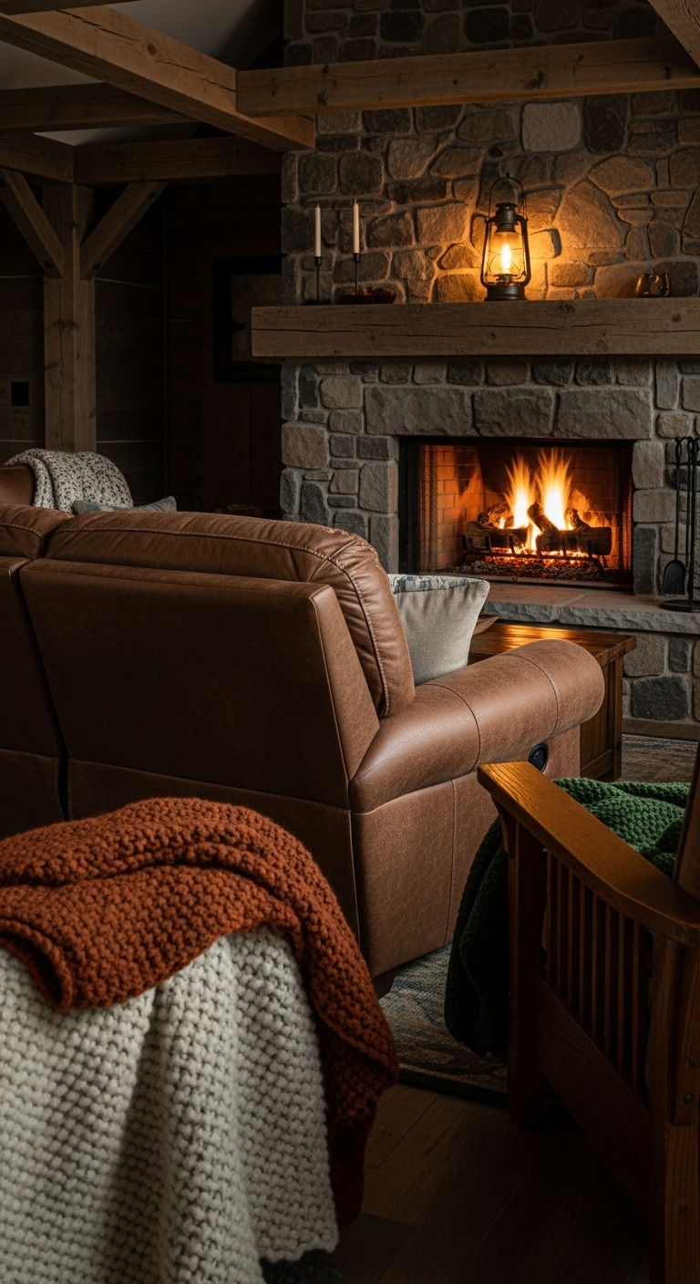 19 Cozy Recliner Sofa Living Room Ideas for Everyday Relaxation 4 3. Warm Rustic Retreat