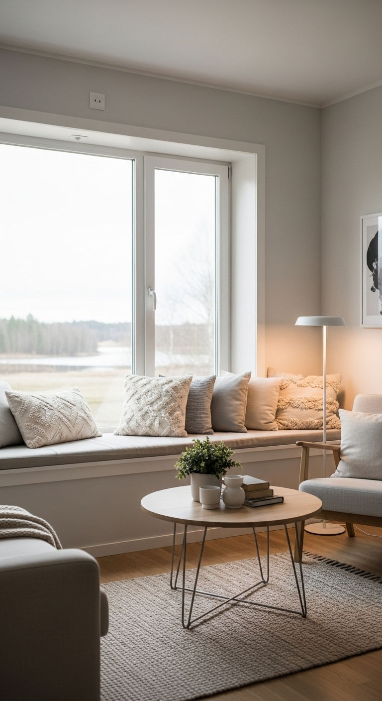 24 Genius Small Living Room Without Sofa Ideas (Minimal & Modern) 6 5. Window Seat Retreat