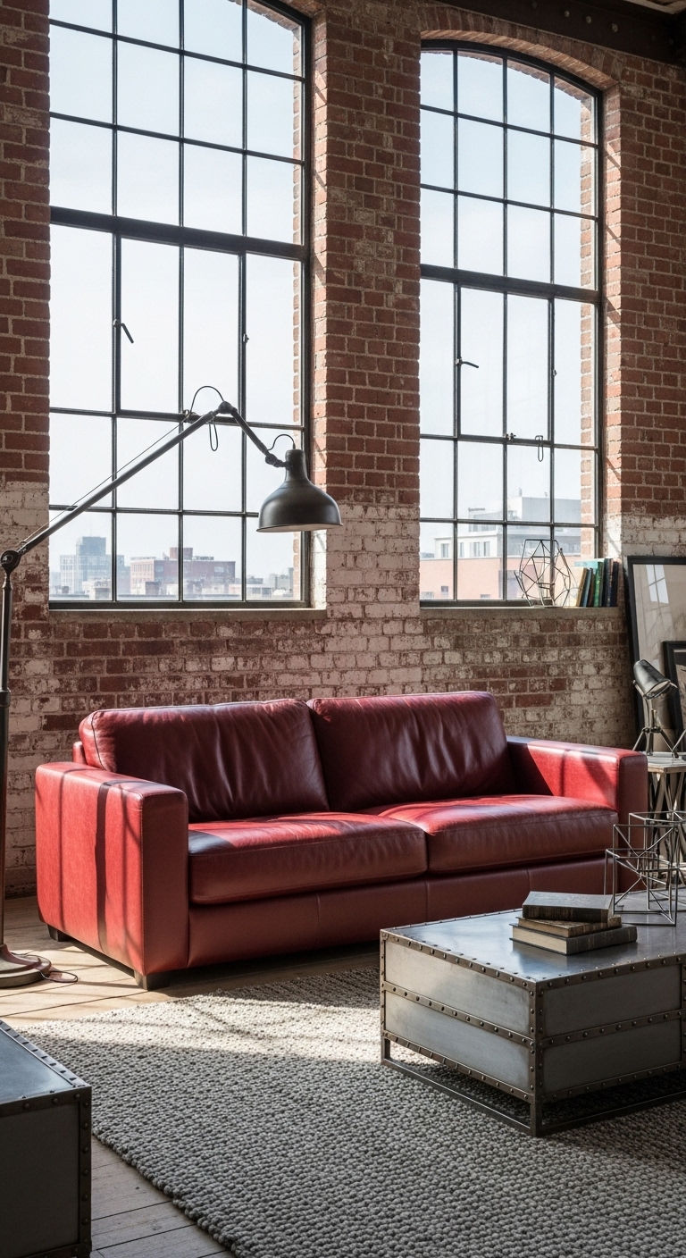 26 Wine Sofa Living Room Ideas for a Rich, Dramatic Style 10 10. Wine Sofa in Industrial Loft