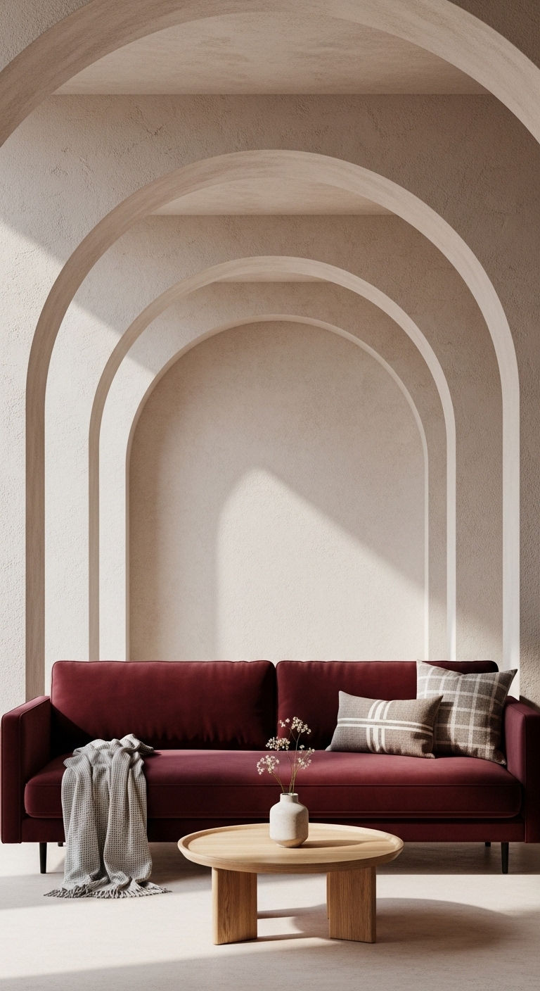 26 Wine Sofa Living Room Ideas for a Rich, Dramatic Style 17 18. Wine Sofa with Arched Details