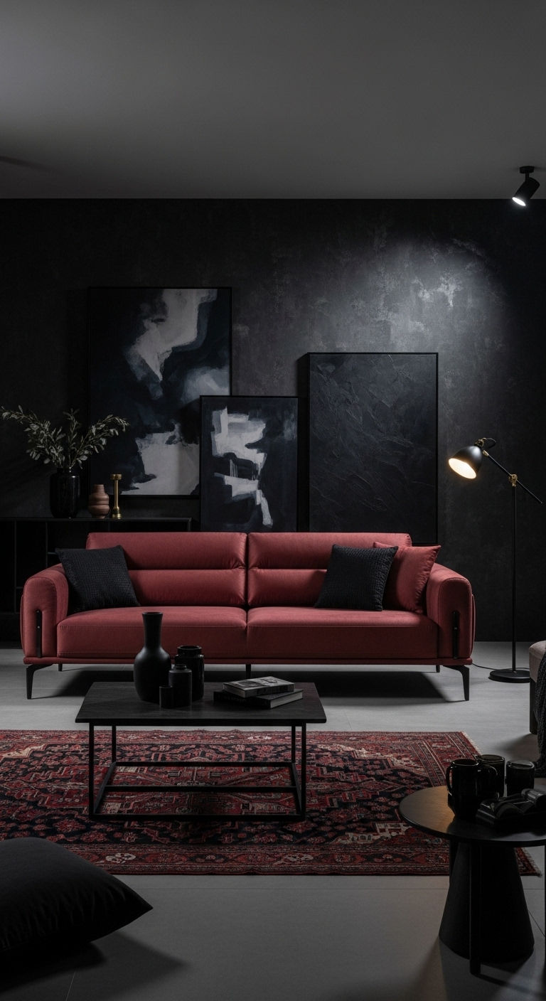 26 Wine Sofa Living Room Ideas for a Rich, Dramatic Style 16 16. Wine Sofa with Black Accents