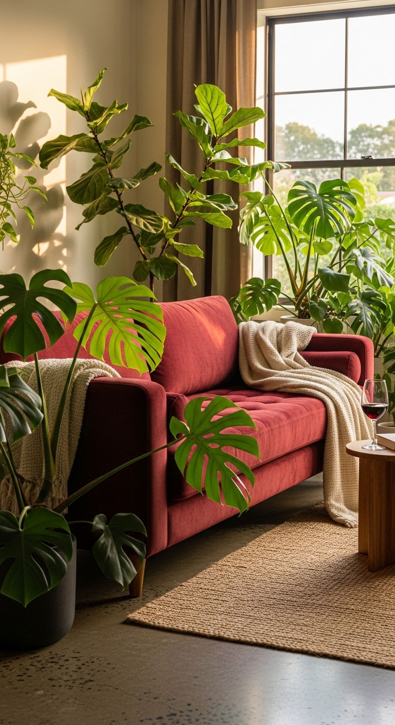 26 Wine Sofa Living Room Ideas for a Rich, Dramatic Style 21 22. Wine Sofa with Greenery Pop