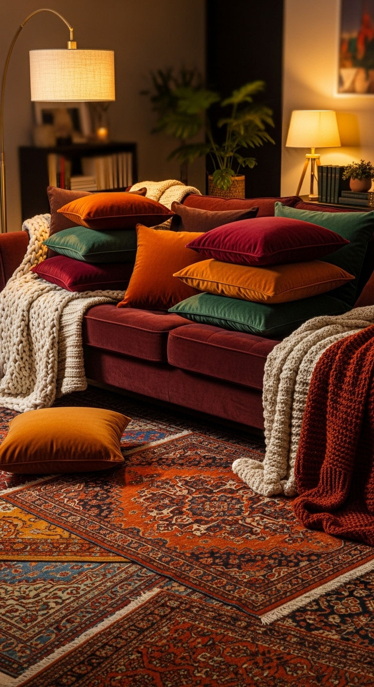 26 Wine Sofa Living Room Ideas for a Rich, Dramatic Style 14 14. Wine Sofa with Layered Textures