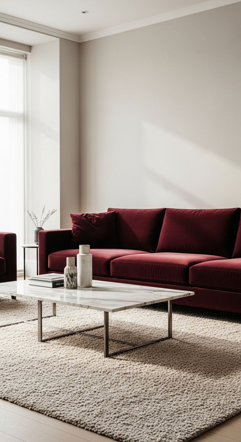 26 Wine Sofa Living Room Ideas for a Rich, Dramatic Style 4 4. Wine Sofa with Marble Luxe