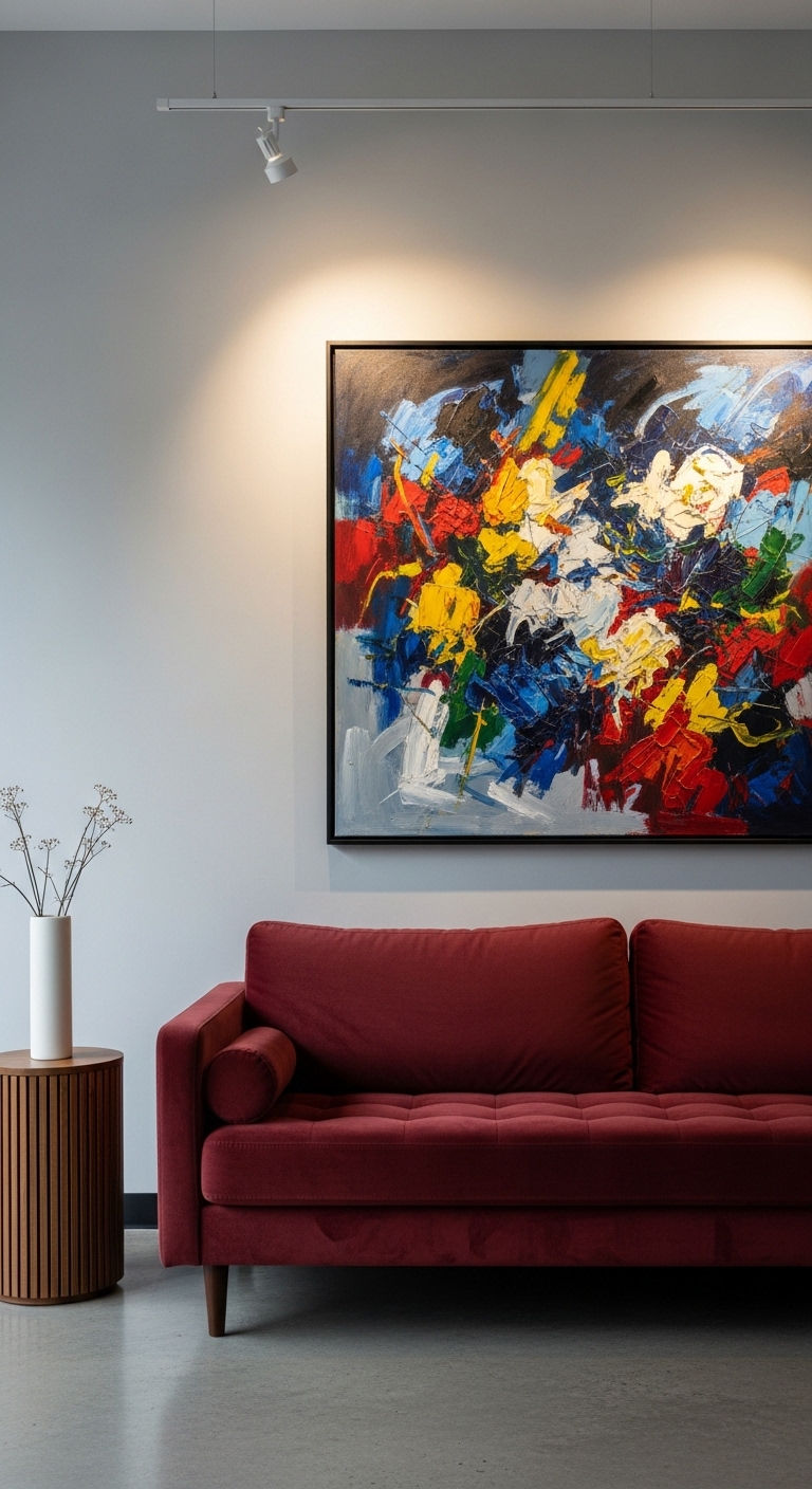 26 Wine Sofa Living Room Ideas for a Rich, Dramatic Style 11 11. Wine Sofa with Statement Art