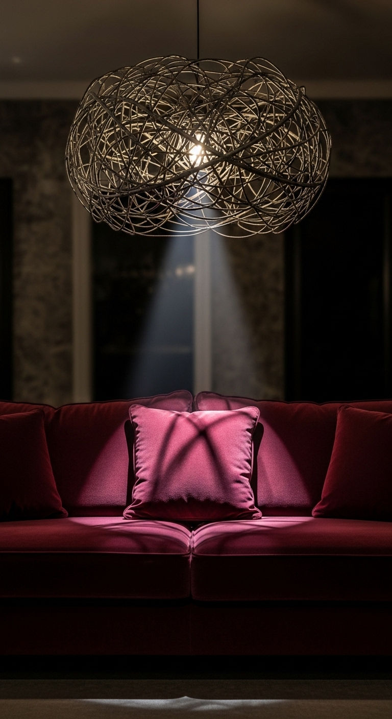 26 Wine Sofa Living Room Ideas for a Rich, Dramatic Style 25 26. Wine Sofa with Statement Lighting