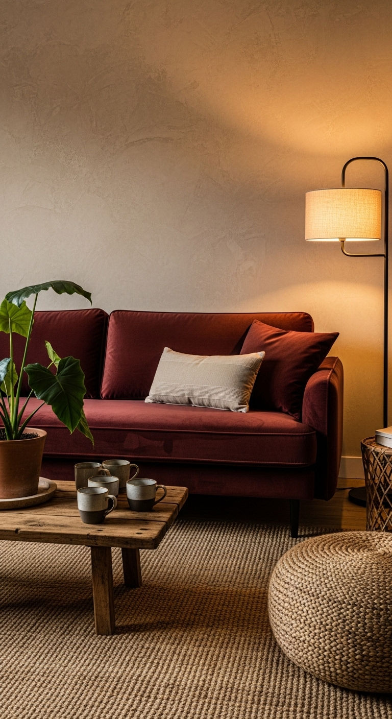 26 Wine Sofa Living Room Ideas for a Rich, Dramatic Style 7 7. Wine Sofa with Textured Walls