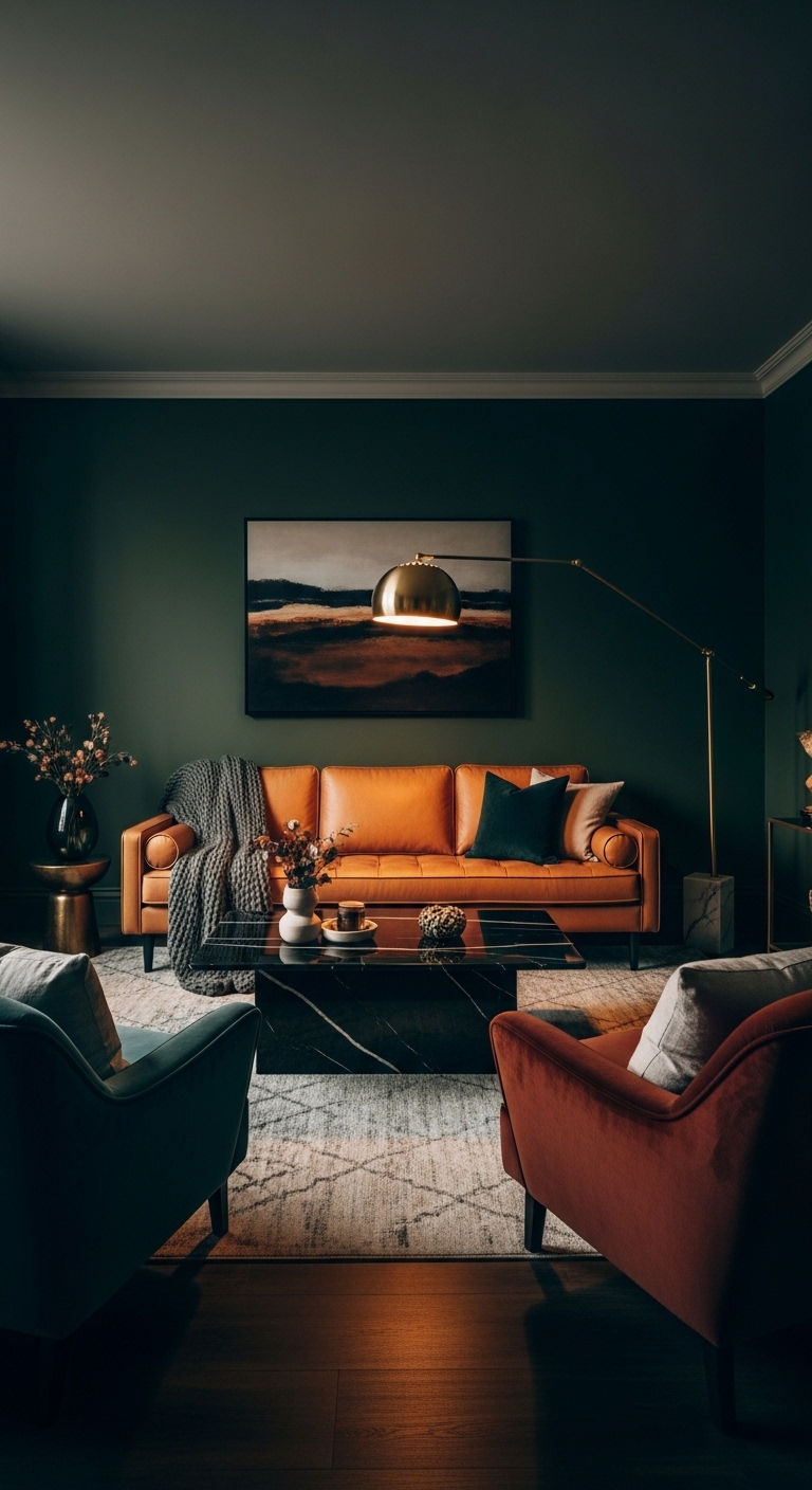 24 Green Leather Sofa Living Room Ideas for a Unique Pop of Color 8 7. Dark Moody Luxe