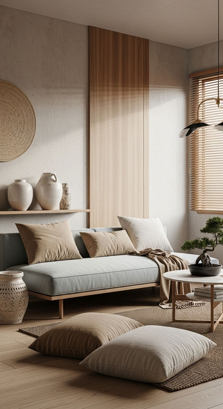 27 Sand Sofa Living Room Ideas for Soft Neutral Spaces 5 4. Japandi Serenity Space