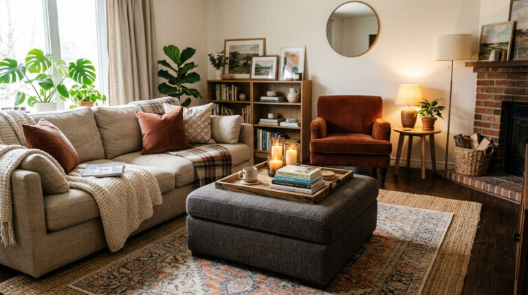 15 Sofa and Ottoman Living Room Ideas for Cozy, Versatile Seating