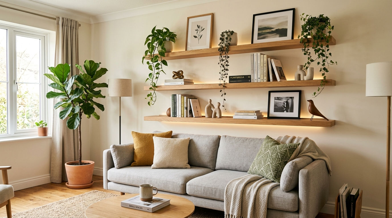 16 Shelves Above the Sofa Living Room Ideas for Storage and Style