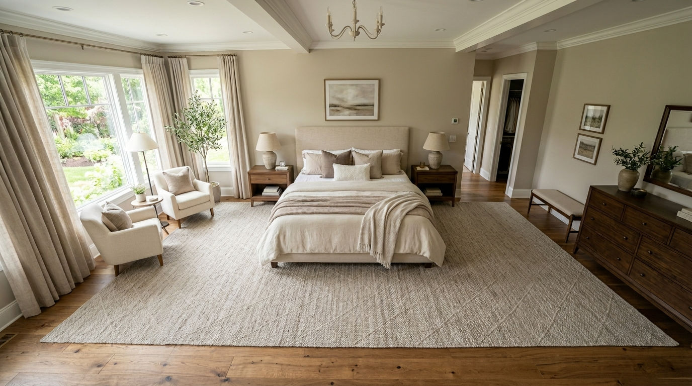 What Size Area Rug Fits Best in a Master Bedroom with a King Bed? 1 What Size Area Rug Fits Best in a Master Bedroom